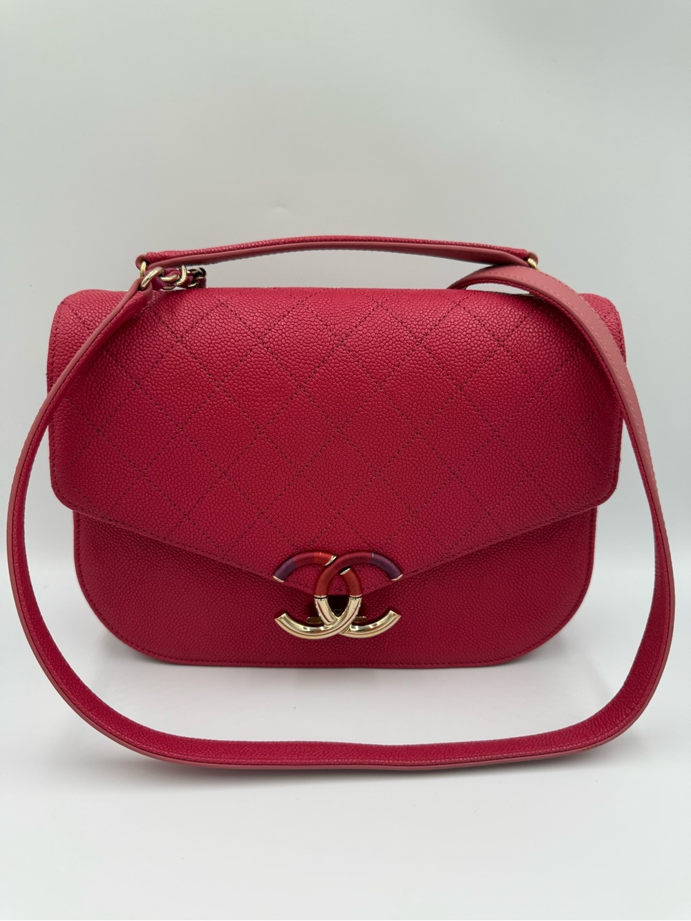 CHANEL Hot Pink Caviar Leather Shoulder Bag with Gold Hombre CC Hardware